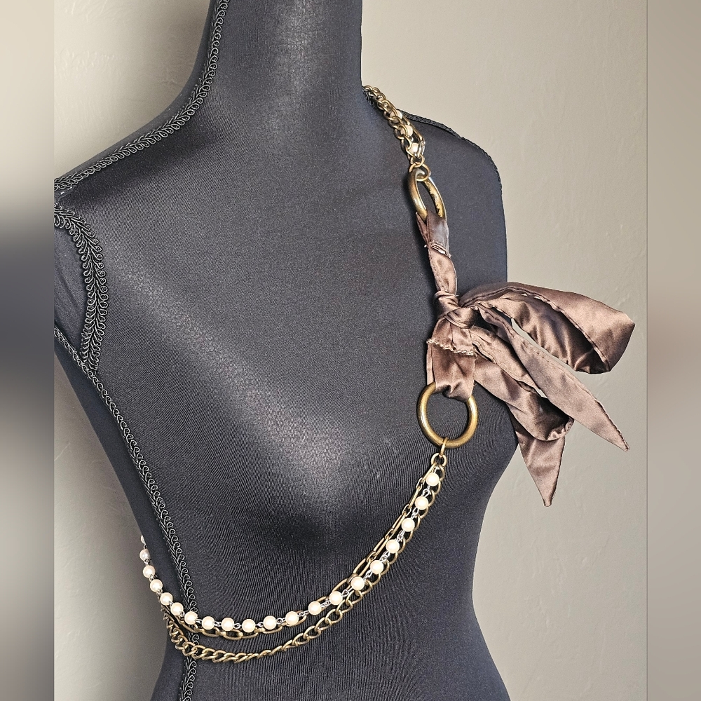 [AEO] Vintage Women's Belt OR Necklace ⭐️ Chain & Pearl Brown Ribbon Loop Tie - Picture 5 of 16